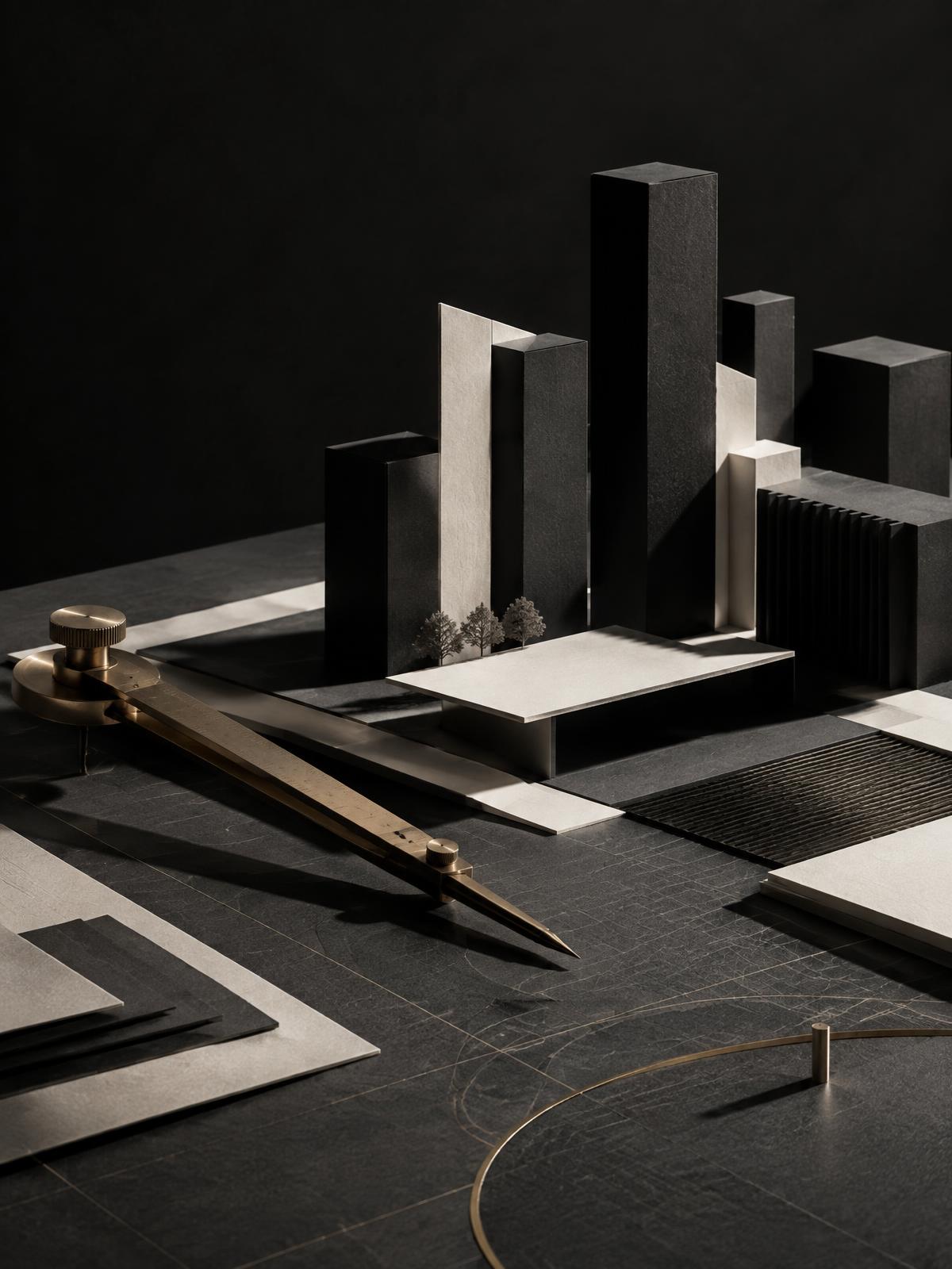 Composição arquitetônica abstrata representando sistemas e prioridades